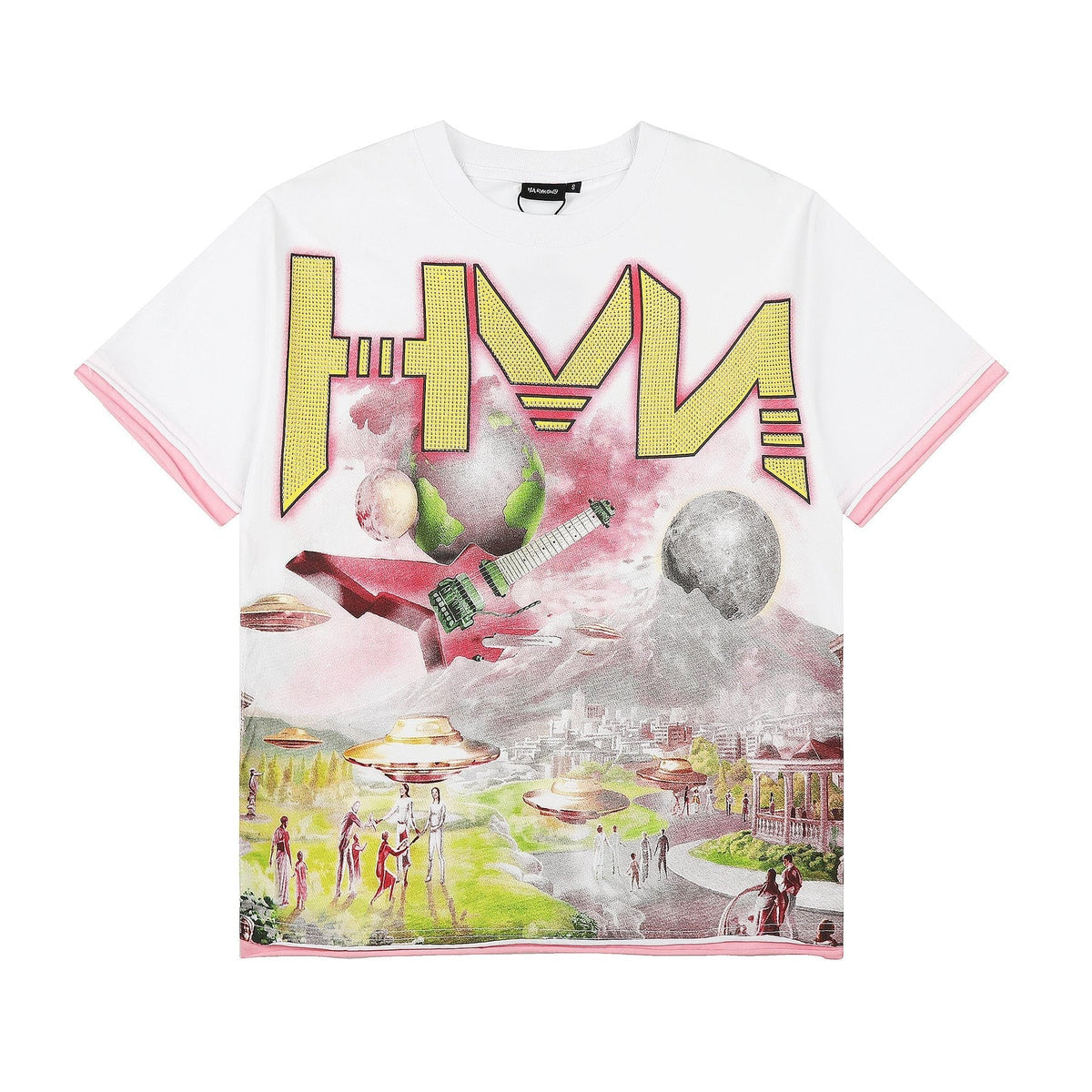 HARMONY Pink-Trim Distressed Graphic T-Shirt ¡ª front