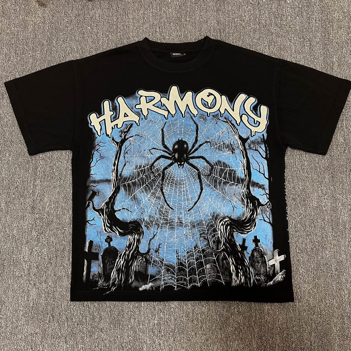 HARMONY Spider Web Graphic Black Short-Sleeve T-Shirt ¡ª front