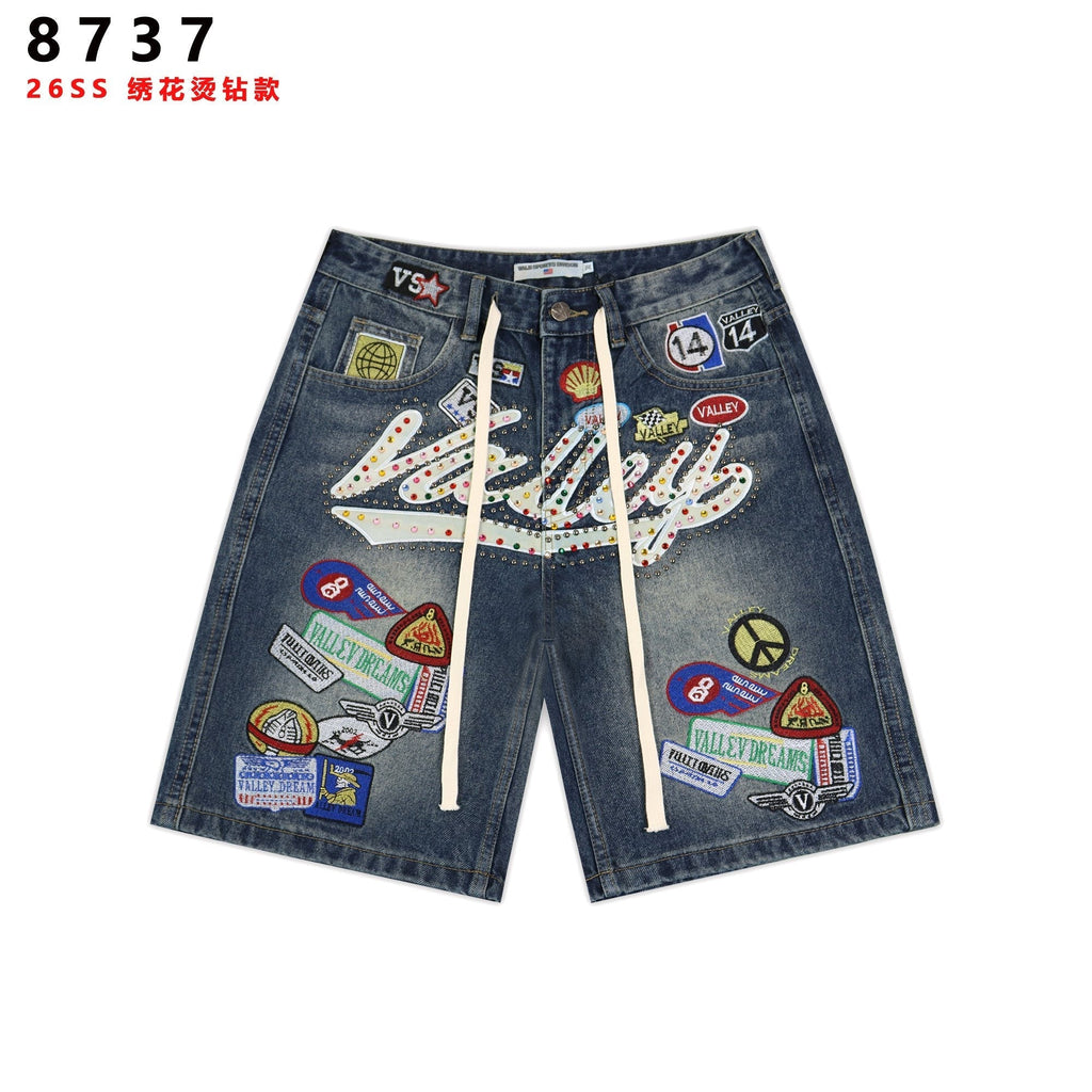 VALE SPORTS DIVISION Patch Embroidered Studded Denim Shorts ¡ª hero