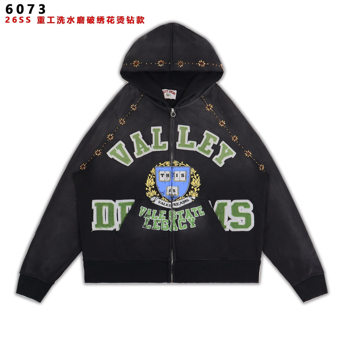Valley Dreams Varsity Crest Washed Black Zip Hoodie ¡ª hero