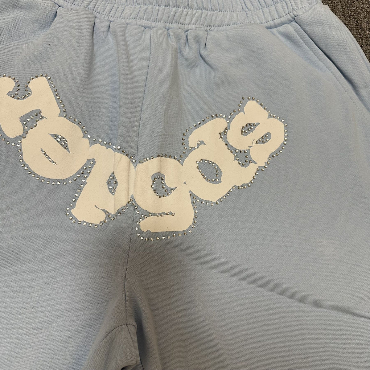 Sp5der Light Blue Rhinestone Logo Sweat Shorts ¡ª detail