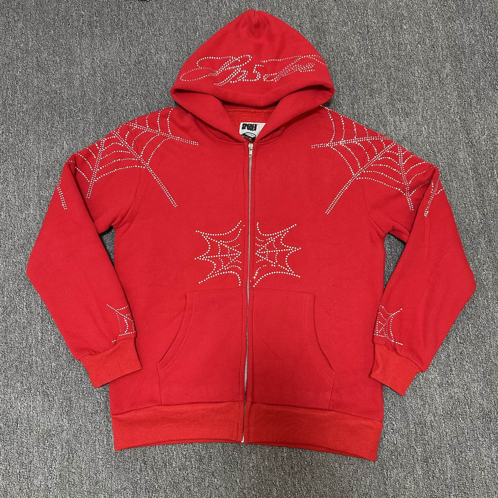 Sp5der Rhinestone Spiderweb Zip Hoodie & Pants Matching Set ¡ª front