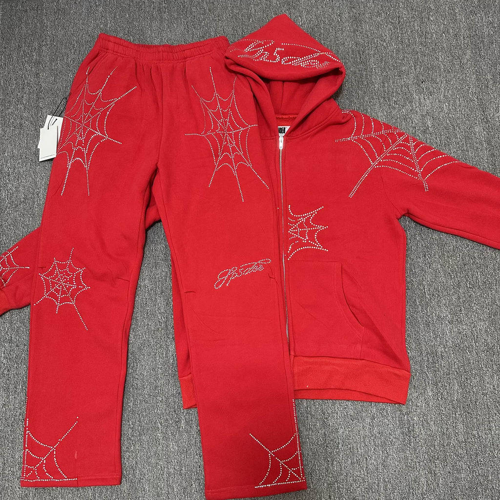 Sp5der Rhinestone Spiderweb Zip Hoodie & Pants Matching Set ¡ª hero