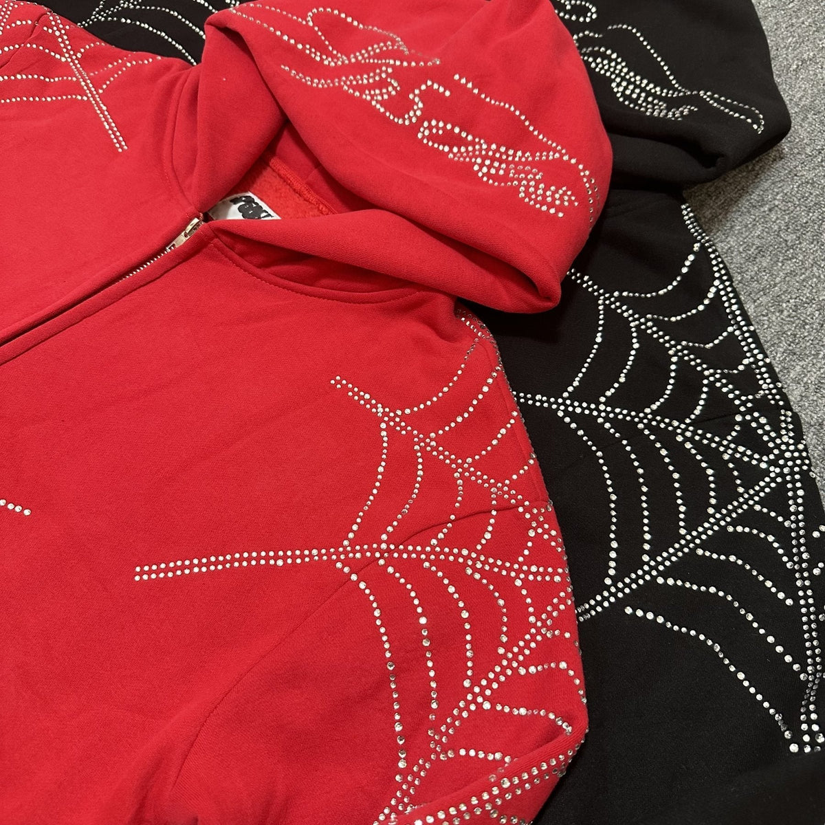 Sp5der Rhinestone Spiderweb Zip Hoodie & Pants Matching Set ¡ª detail