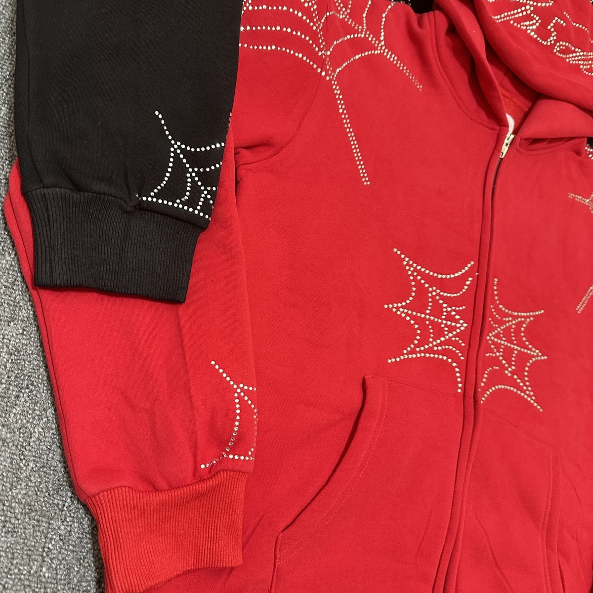 Sp5der Rhinestone Spiderweb Zip Hoodie & Pants Matching Set ¡ª detail