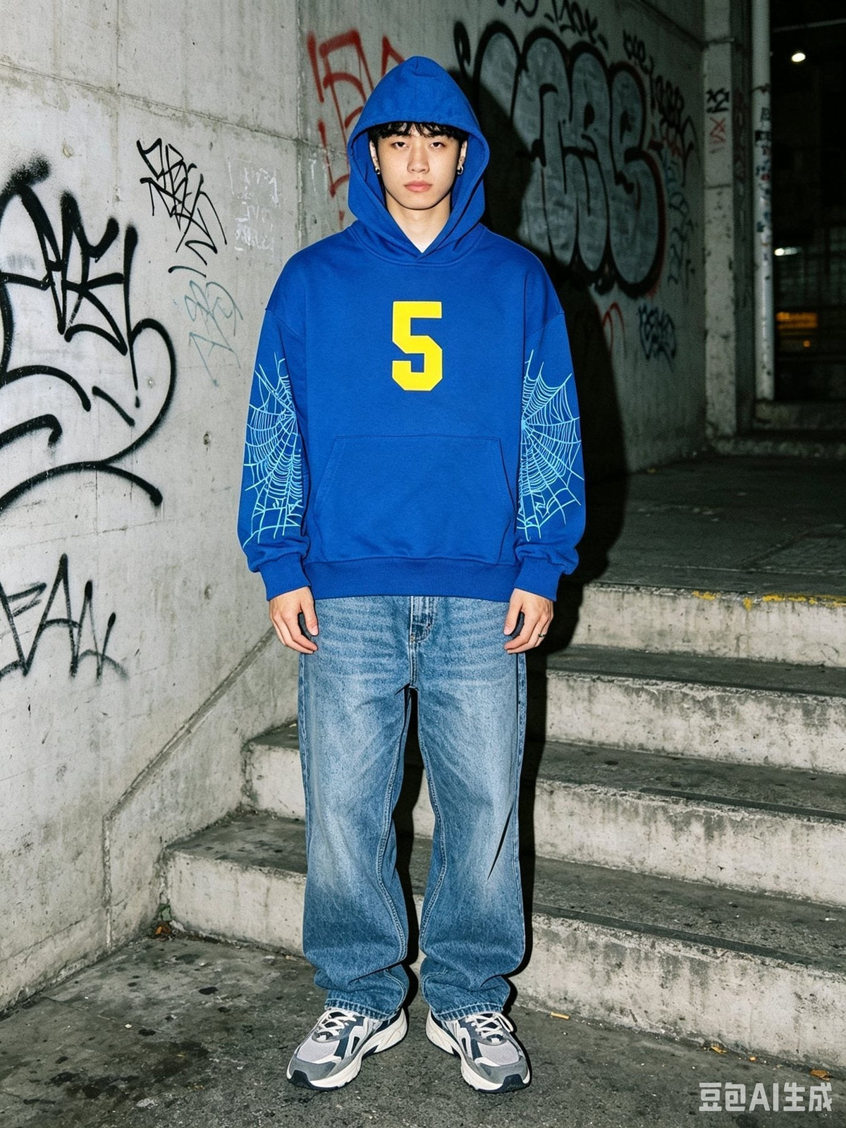 Sp5der Blue Number Graphic Hoodie ¡ª model