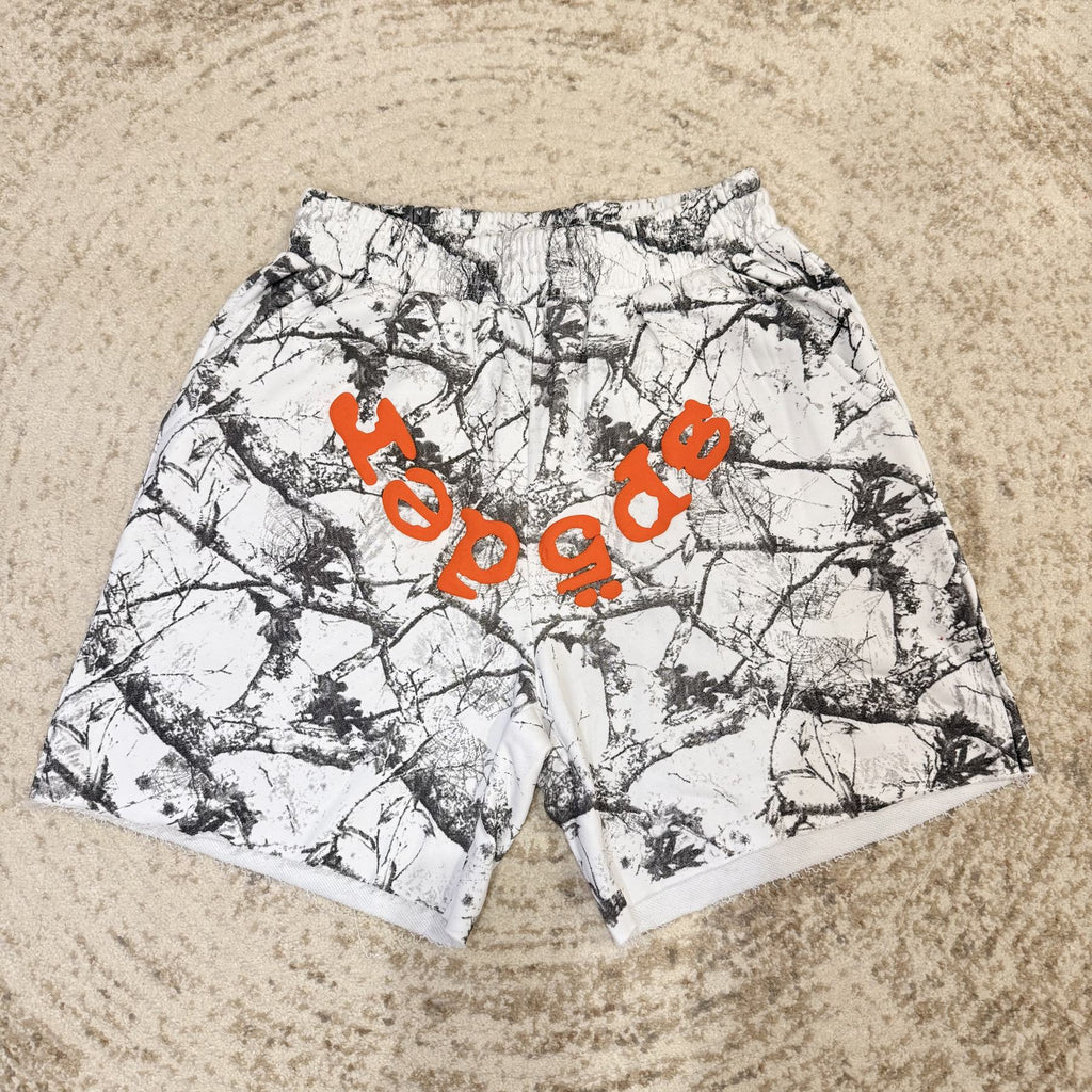 Sp5der White Branch Print Shorts ¡ª front