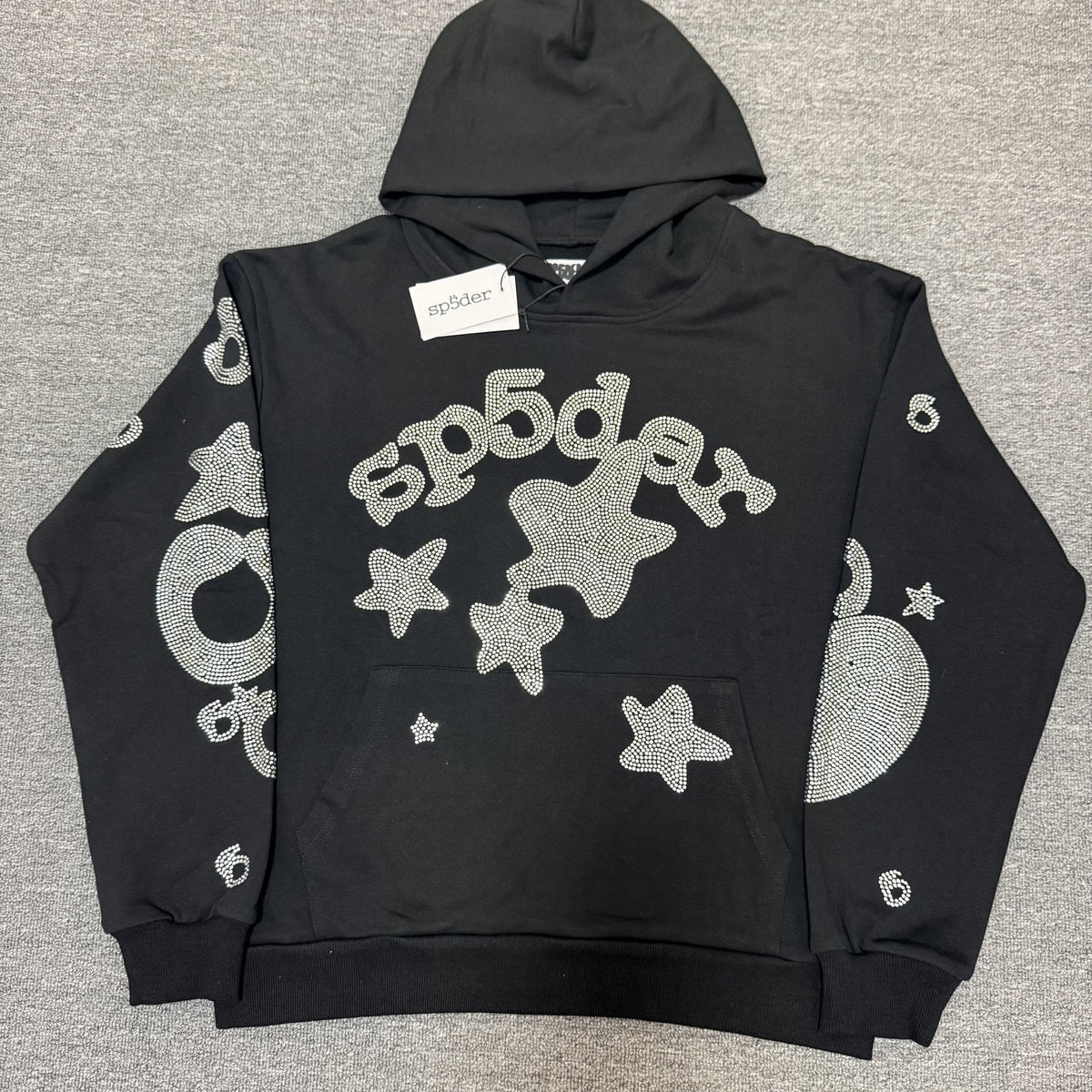 Sp5der Silver Rhinestone-Style Graphic Hoodie ¡ª front