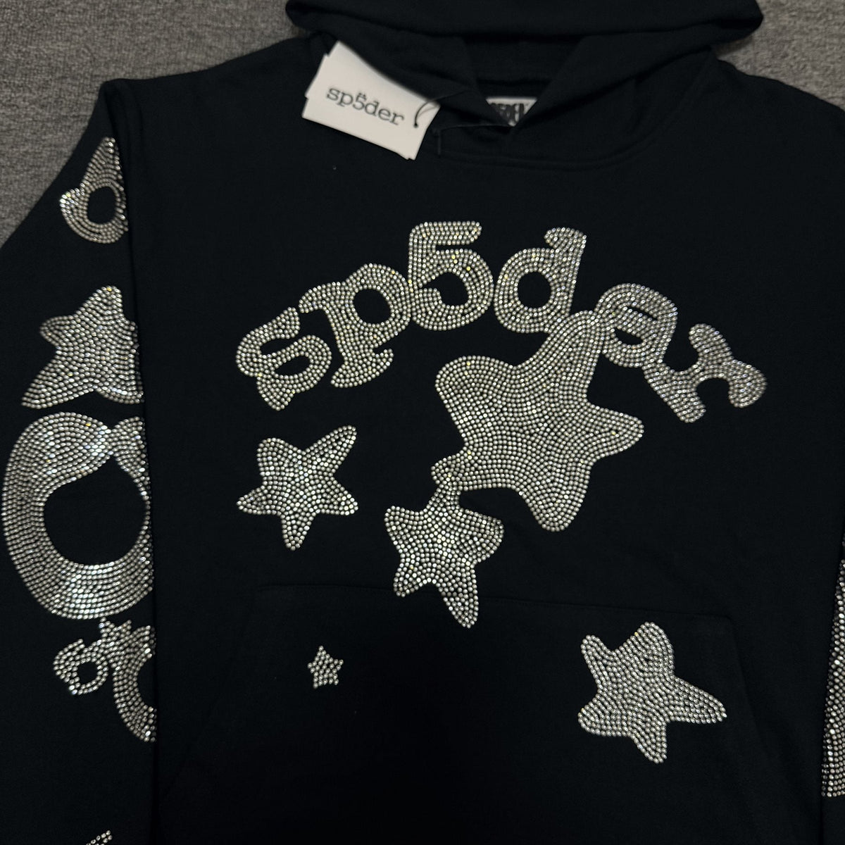 Sp5der Silver Rhinestone-Style Graphic Hoodie ¡ª detail