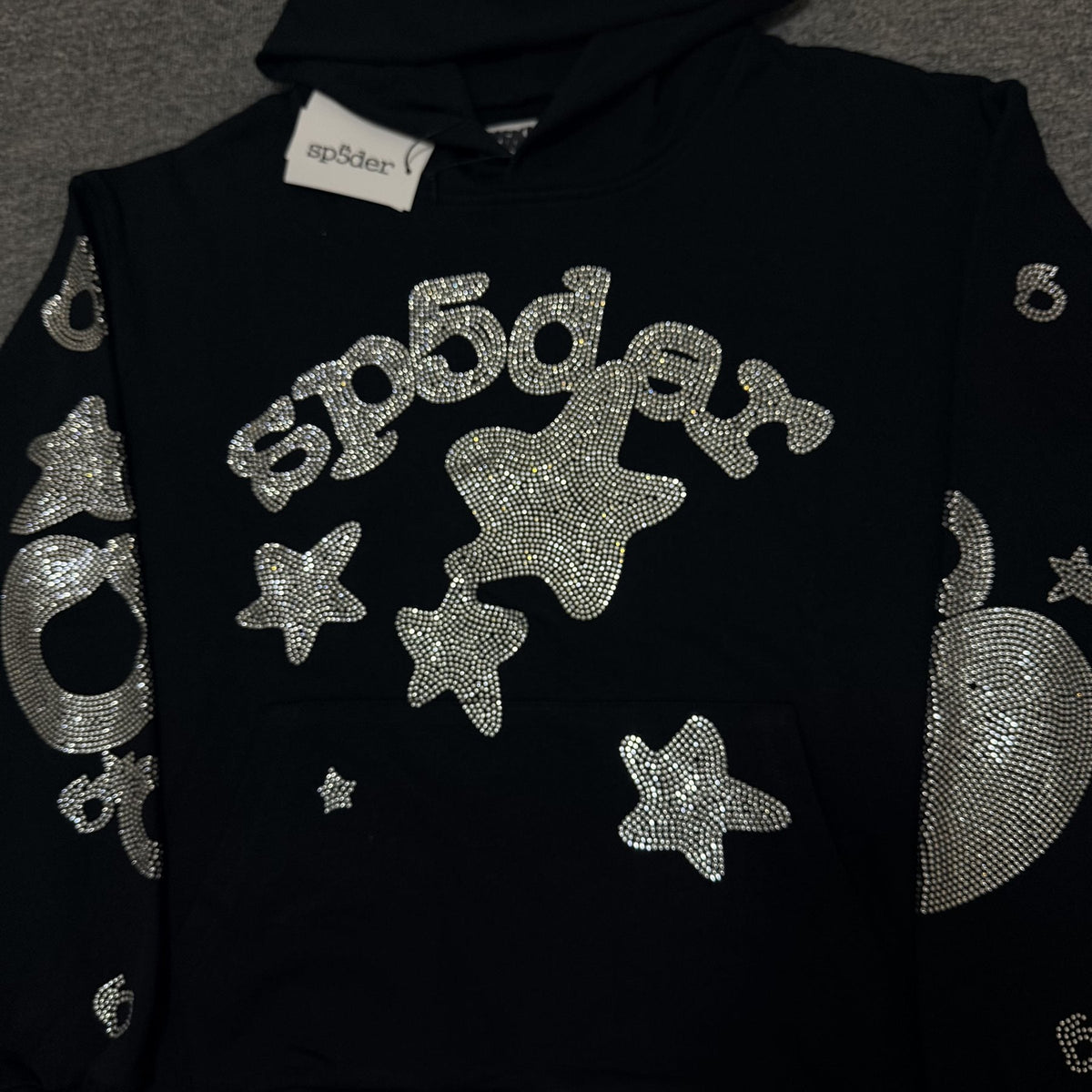Sp5der Silver Rhinestone-Style Graphic Hoodie ¡ª detail