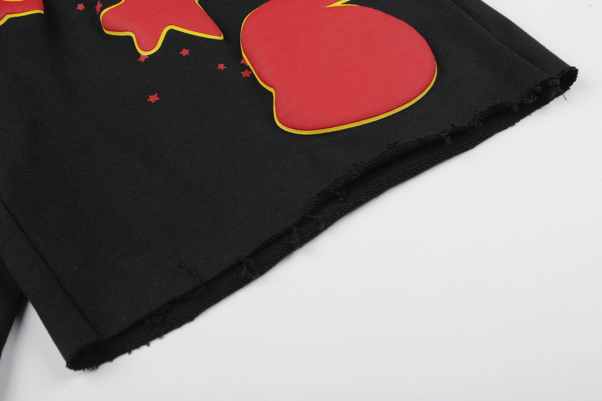 Sp5der Black Graphic Raw-Hem Shorts ¡ª detail