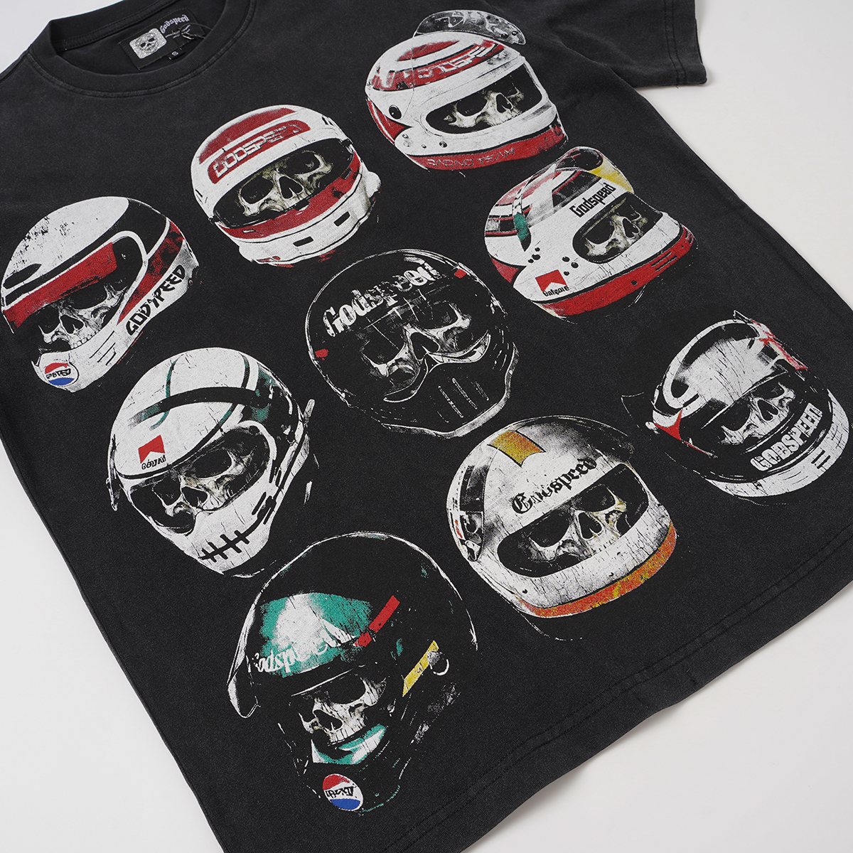 Godspeed Out of Many One Racing Helmet Graphic T-Shirt ¡ª detail
