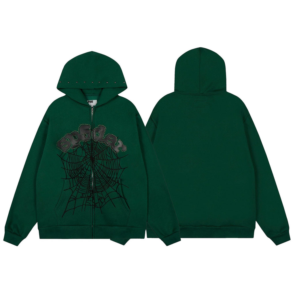 Sp5der Spiderweb Graphic Zip Hoodie & Sweatpants Matching Set ¡ª front