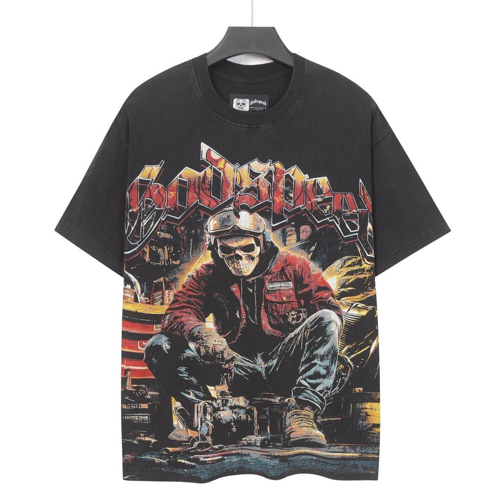 Godspeed Biker Workshop Graphic T-Shirt ¡ª front