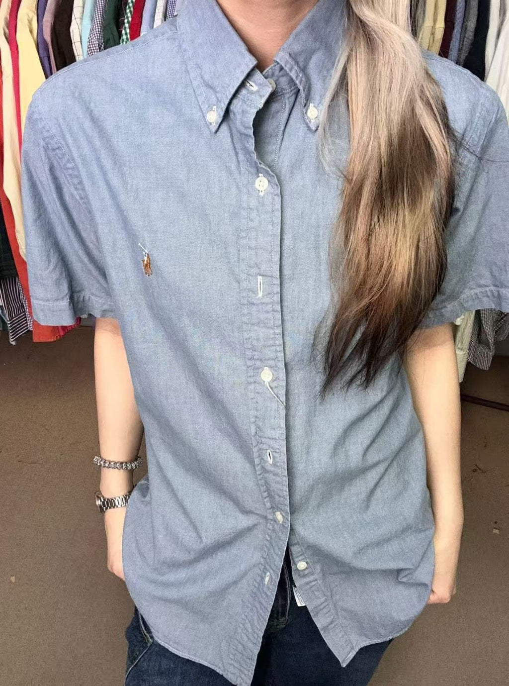 Test2-Ralph Lauren Slub Denim Short-Sleeve Button-Up Shirt ¡ª model